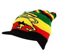 Itzu Lion of Judah Rasta Striped Knit Peak Beanie Cap Hat (Black with Peak)