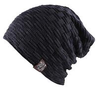 Itzu Unisex Slouch Beanie Waffle Knit Winter Hat Warm Thick Faux Fur Fleece Lining in Navy Blue