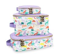 Itzy Ritzy Packing Cubes - Set of 3 Packing Cubes or Travel Organizers; Each Cube Features a Mesh Top, Double Zippers and a Fabric Handle; Purple Dinosaurs