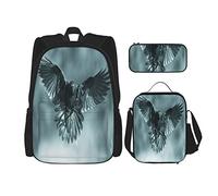 IUBBKI 3 Piece Set Backpacks Black Raven Flies Moonlight Scary Creepy Book Bag Travel Camping Work School Bag Pencil Case Lunch Bag Combination For Men Women Boys Girls