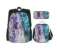 IUBBKI 3 Piece Set Backpacks Colorful Crystal Mineral Pattern Modern Mable Blue And Purple Mineral Rock Book Bag Travel Work School Bag Pencil Case Lunch Bag Combination For Men Women Boys Girls