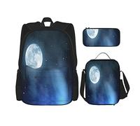 IUBBKI 3 Piece Set Backpacks Night Sky With Stars Full Moon Universe Space Heavenly Bodies Romantic Evening Book Bag Travel Work School Bag Pencil Case Lunch Bag Combination For Men Women Boys Girls