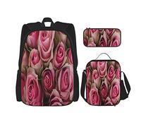 IUBBKI 3 Piece Set Backpacks Rose Blooming Pink Roses Festive Bridal Bouquet Romance Sweetheart Love Book Bag Travel Work School Bag Pencil Case Lunch Bag Combination For Men Women Boys Girls