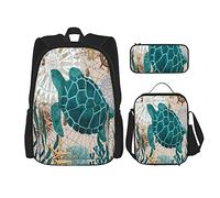 IUBBKI 3 Piece Set Backpacks Sea Turtle Ocean Creature Landscape Book Bag Travel Camping Work School Bag Pencil Case Lunch Bag Combination For Men Women Boys Girls