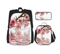 IUBBKI 3 Piece Set Backpacks Spring Floral Flower Pink Peach Japanese Cherry Blossom Reflected In The Water Book Bag Travel Work School Bag Pencil Case Lunch Bag Combination For Men Women Boys Girls