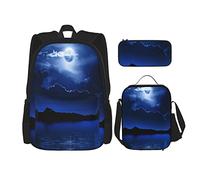 IUBBKI 3 Piece Set BackpacksMoon And Clouds Over Calm Water Seascape Dramatic Cloudy Dark Sky Book Bag Travel Work School Bag Pencil Case Lunch Bag Combination For Men Women Boys Girls