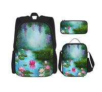 IUBBKI 3 Piece Set BackpacksPond With Water Lilies Floating Romantic Lotus Fairy Tale Digital Art Book Bag Travel Work School Bag Pencil Case Lunch Bag Combination For Men Women Boys Girls