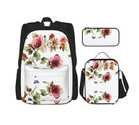 IUBBKI Backpack sets 3 piece School bag Boys Teens (Flower Shabby Chic Roses Buds Leaves Tulips Floral Butterfly) Book Bag+Lunch Bag+Pencil Case Cute College Work Gym Hiking Fishing Computer Bag