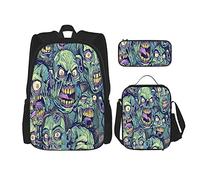 IUBBKI Backpack sets 3 piece School bag Boys Teens (Green Zombie) Book Bag+Lunch Bag+Pencil Case Cute Sackpack College Work Gym Hiking Fishing Computer Bag