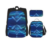 IUBBKI Backpack Sets 3 Piece School Bag Girls Teens (Freemason Sign Blue Wave Art) Book Bag+Lunch Bag+Pencil Case Cute College Work Gym Hiking Fishing Carry On Bag