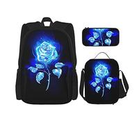 IUBBKI Backpack Sets 3 Piece School Bag Students Teens (Burning Blue Rose) Book Bag+Lunch Bag+Pencil Case Cute College Work Gym Hiking Fishing Carry On Bag