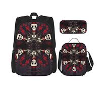 IUBBKI Backpack sets 3 piece School bag Students Teens (Mexican Sugar Skulls Day of the Dead red roses magic hat) Book Bag+Lunch Bag+Pencil Case Cute College Work Gym Hiking Fishing Computer Bag