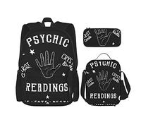 IUBBKI Backpack Sets 3 Piece School Bag Students Teens (Psychic Readings Fortune Teller Art Black) Book Bag+Lunch Bag+Pencil Case Cute Sackpack College Work Gym Hiking Fishing Carry On Bag