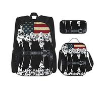 IUBBKI Backpack Sets 3 Piece School Bag Students Teens (Skull American Flag Blue Red White) Book Bag+Lunch Bag+Pencil Case Cute Sackpack College Work Gym Hiking Fishing Computer Bag
