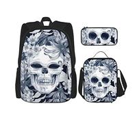 IUBBKI Backpack Sets 3 Piece School Bag Teens Studentss (Mexico Skull Floral Painting) Book Bag+Lunch Bag+Pencil Case Cute College Work Gym Hiking Fishing Computer Bag