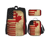 IUBBKI Backpack Sets 3 Piece School Bag Teens Studentss (New Vintage American and Canadian Flags) Book Bag+Lunch Bag+Pencil Case Cute College Work Gym Hiking Fishing Carry On Bag