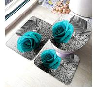 IUBBKI Bathroom Mat Sets 3 Piece Flower Teal Blue Rose Balck And White Flower Bathroom Mat Set Cozy Bathroom Mat Carpet With Rubber Backing Toilet Rug, For Bathroom