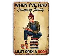 IUBBKI Girl and Books Library Metal Tin Sign,Too Many Books Perhaps What You Mean is Enough Book shelves,Vintage Style Iron Painting for Home Bedroom Cafe Kitchen Wall Decor