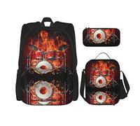 IUBBKI School Backpack Sets 3 Piece Boys Teens (Rock Roll Drums Flame Drummer Skull) Book Bag+Lunch Bag+Pencil Case Cute College Work Gym Hiking Fishing Carry On Bag