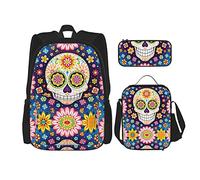 IUBBKI School Backpack sets 3 piece Boys Teens (Sugar Skull Colorful Day of the Dead Art) Book Bag+Lunch Bag+Pencil Case Cute Sackpack College Work Gym Hiking Fishing Computer Bag