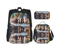 IUBBKI School Backpack Sets 3 Piece Girls Teens (Beautiful Horses Running in River Waters) Book Bag+Lunch Bag+Pencil Case Cute Rucksack College Work Gym Hiking Fishing Carry On Bag