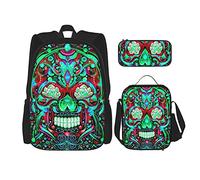 IUBBKI School Backpack Sets 3 Piece Girls Teens (Grunge Mexican Sugar Skulls Day of The Dead Psychedelic Floral) Book Bag+Lunch Bag+Pencil Case Cute College Work Gym Hiking Fishing Carry On Bag