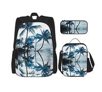 IUBBKI School Backpack Sets 3 Piece Girls Teens (Hawaiian Coast Plam Tree) Book Bag+Lunch Bag+Pencil Case Cute College Work Gym Hiking Fishing Computer Bag