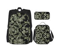 IUBBKI School Backpack Sets 3 Piece Students Teens (Dollar Sign Money) Book Bag+Lunch Bag+Pencil Case Cute Rucksack College Work Gym Hiking Fishing Carry On Bag