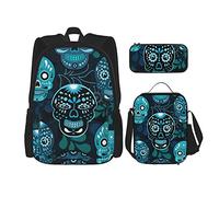 IUBBKI School Backpack sets 3 piece Students Teens (Grunge cute Mexican Sugar Skulls Day of the Dead floral) BookBag+Lunch Bag+Pencil Case Cute Sackpack College Work Gym Hiking Fishing Carry On Bags