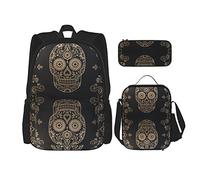 IUBBKI School Backpack Sets 3 Piece Teens Studentss (Day of The Dead Cool Sugar Skull) Book Bag+Lunch Bag+Pencil Case Cute College Work Gym Hiking Fishing Computer Bag