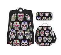 IUBBKI School Backpack sets 3 piece Teens Studentss (Day Of The Dead Sugar Skull Flower Art) BookBag+Lunch Bag+Pencil Case Cute Sackpack College Work Gym Hiking Fishing Computer Bags