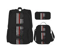 IUBBKI School Backpack Sets 3 Piece Teens Studentss (Distressed Fire Fighter Thin Red Line Flag Black) Book Bag+Lunch Bag+Pencil Case Cute Rucksack College Work Gym Hiking Fishing Carry On Bag