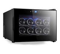 IUBGFTO Mini Wine Cooler 8 Bottle Thermoelectric Wine Cellar Fridge Small Countertop Constant Humidity Wine Refrigerator Wooden Shelves Glass Door Black