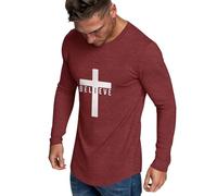 iudam Men's Long Sleeve Crewneck Graphic Tee Believe Cross Print Christian Shirts Workout Shirts, Wine Red, 3XL