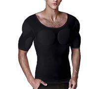 IUERVPS Men Shaper False Muscle Chest Tops T-Shirt Fake Muscle Chest Padded Underwear Compression T-Shirts(M) Black