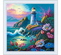 IUHUI 11 Count Stamped Cross Stitch Kits for Beginners Adults, Lighthouse by The Sea Pre-Printed DIY 11ct Embroidery Sewing Starter Kit Needlework Easy Patterns