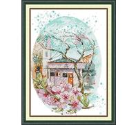 IUHUI 14 Count Stamped Cross Stitch Kits for Beginners Adults, Bright Cherry Blossom Snow Pre-Printed DIY 14ct Embroidery Sewing Starter Kit Needlework Easy Patterns