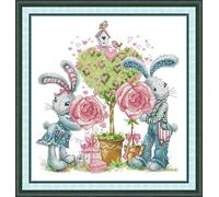IUHUI 14 Count Stamped Cross Stitch Kits for Beginners Adults, Bunny and The Roses Pre-Printed DIY 14ct Embroidery Sewing Starter Kit Needlework Easy Patterns