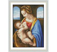 IUHUI 14 Count Stamped Cross Stitch Kits for Beginners Adults, The Madonna Litta of Leonardo da Vinci Pre-Printed DIY 14ct Embroidery Sewing Starter Kit Needlework Easy Patterns Famous Paintings
