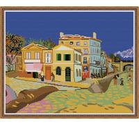 IUHUI 14 Count Stamped Cross Stitch Kits for Beginners Adults, The Yellow House of Van Gogh Pre-Printed DIY 14ct Embroidery Sewing Starter Kit Needlework Easy Patterns Famous Paintings