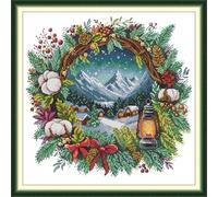 IUHUI 14 Count Stamped Cross Stitch Kits for Beginners Adults, Wreaths Full of Life Pre-Printed DIY 14ct Embroidery Sewing Starter Kit Needlework Easy Patterns (Winter Wreath)
