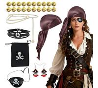iuiiaii 27 PCS Pirate Accessories Women Pirate Costume women Role Playing Accessory Set with Headscarf, Waist Chain Earrings, Eye Mask Bracelet Gold Coin Bag for Halloween Pirates Role Play Party