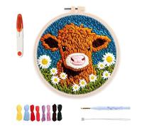 iuiiaii Punch Needle Kit for Beginners, DIY Punch Needle Kits Cross Stitch Kits for Kids, Embroidery Starter Set with Hoop Punchs Needles Instructions Cartoon Highland Cow with Daisy Flower 20x20cm