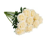 IUKnot Artificial Rose 10pcs Open Flower Bouquet Faux Rose Stems for Wedding Arrangement, Bridal Bouquet, Centerpiece, Fake Faux Silk Flowers (Ivory)
