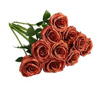 IUKnot Artificial Rose 10pcs Open Flower Bouquet Faux Rose Stems for Wedding Arrangement, Bridal Bouquet, Centerpiece, Fake Faux Silk Flowers (Burnt Orange)