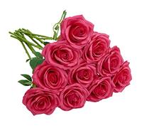 IUKnot Artificial Rose 10pcs Open Flower Bouquet Faux Rose Stems for Wedding Arrangement, Bridal Bouquet, Centerpiece, Fake Faux Silk Flowers (Hot Pink)
