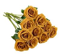 IUKnot Artificial Rose 10pcs Open Flower Bouquet Faux Rose Stems for Wedding Arrangement, Bridal Bouquet, Centerpiece, Fake Faux Silk Flowers (Mustard Yellow)