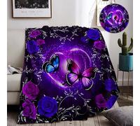 IUNTWEIE Cosy Flannel Throw Blanket - Soft Pink Purple Flower Pattern, Butterfly Design for Kids (A, 130x150cm)