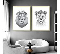 IUNTWEIE Lion and Lioness with Crown Canvas Pictures, Black White Animal Poster Decoration, Wild Animal Art Prints for Living Room, Home Decor No Frame (2x40x60cm,Lion-3)