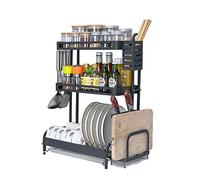 IUokLU 3 Tier Dish Drying Rack with Spice Rack and Knife Holders Space Saving Kitchen Organizer for Plates Bowls Seasonings Cutting Boards Black（With side holders）